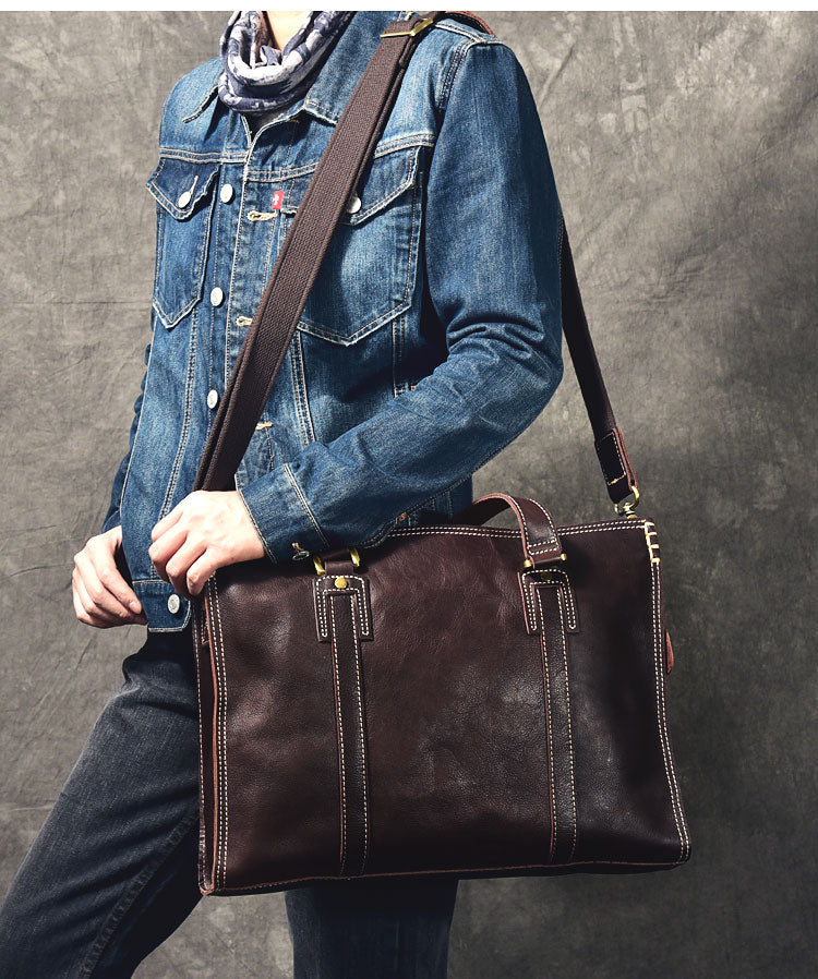 Brown Leather Mens 14' Laptop Briefcase Business Messenger Bag Brown Large Handbag For Men