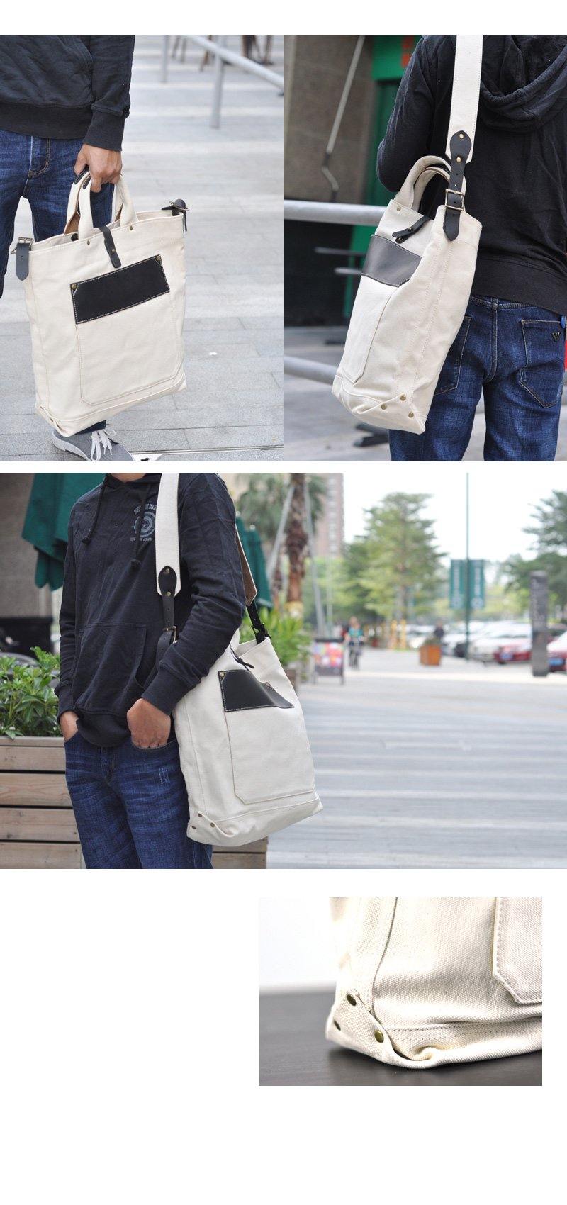 White Canvas Leather Mens Tote Handbags Messenger Bag Khaki Shoulder Tote Bag For Men and Women