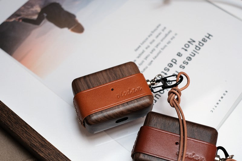 Red Wood Leather AirPods Pro Case with Clip Strap Leather Pro AirPods Case Airpod Case Cover