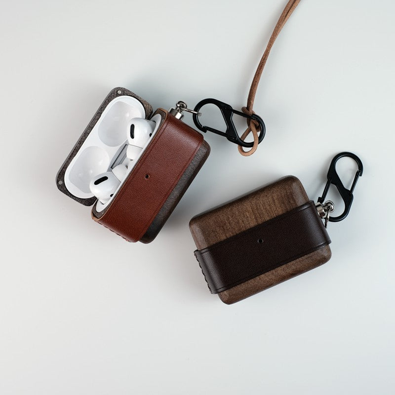 Brown Wood Leather AirPods Pro Case with Clip Strap Brown Leather Pro AirPods Case Airpod Case Cover