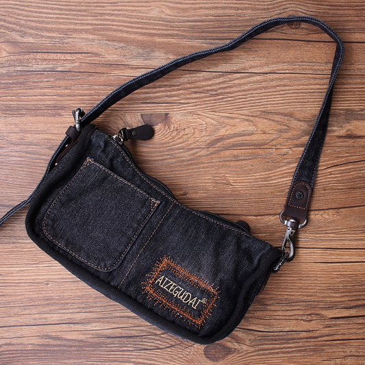 Vintage Womens Black Denim Baguette Bag Black Denim Shoulder Purse for Women